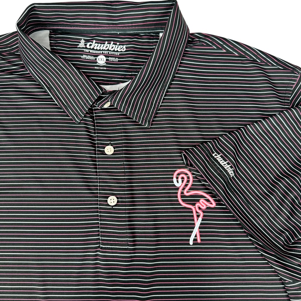Chubbies Mens XXL Golf Polo Shirt Black Striped Flamingo‎ Short Sleeve